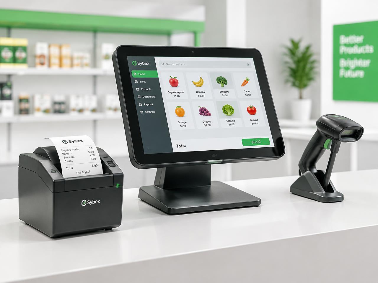 POS terminal, receipt printer and barcode scanner