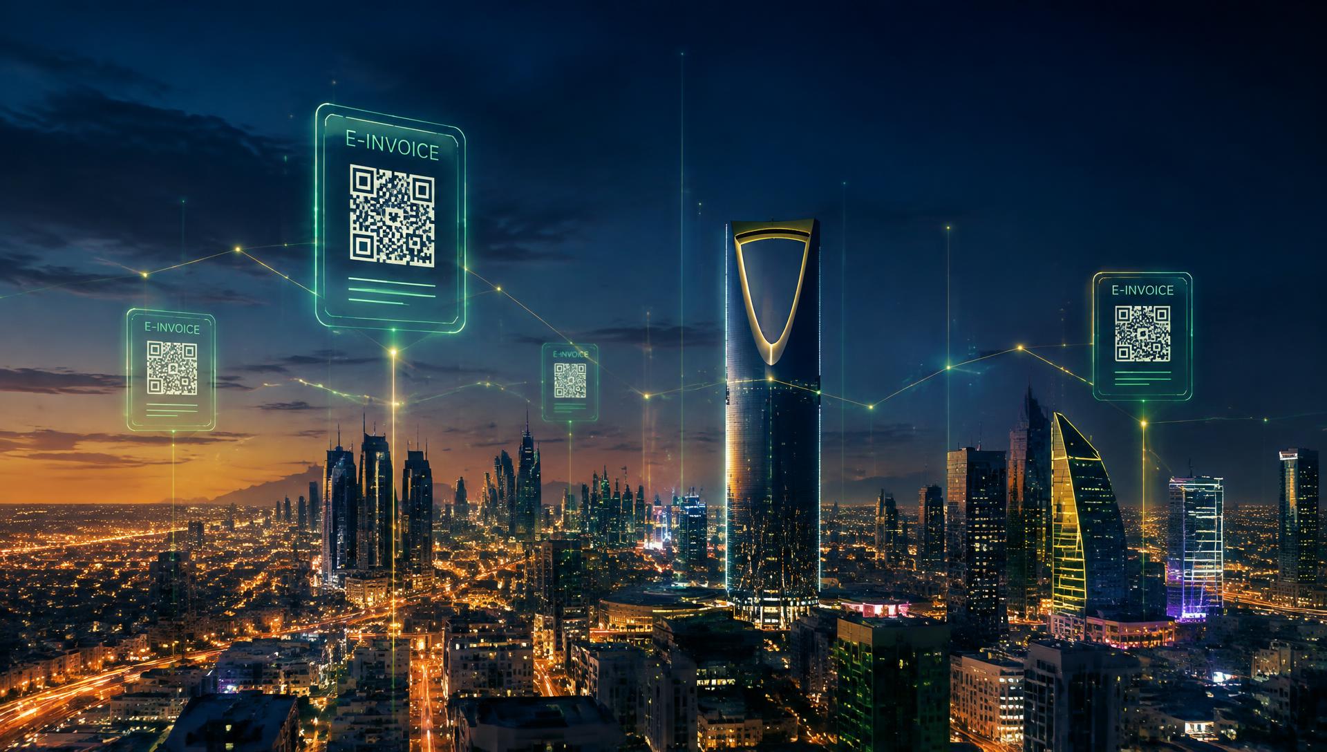 Riyadh skyline with digital e-invoices