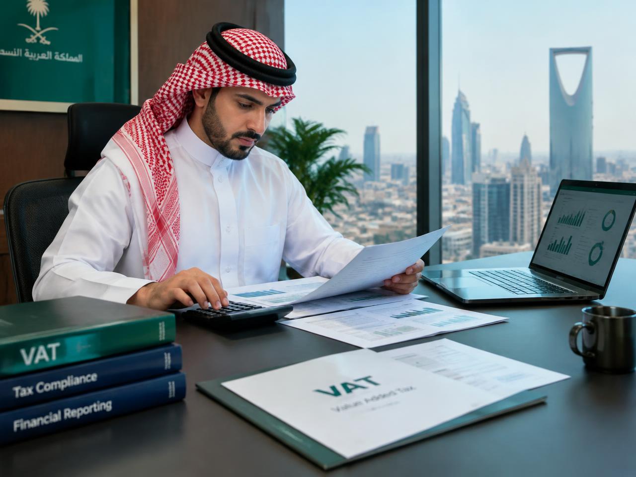 Saudi accountant reviewing VAT and tax compliance documents